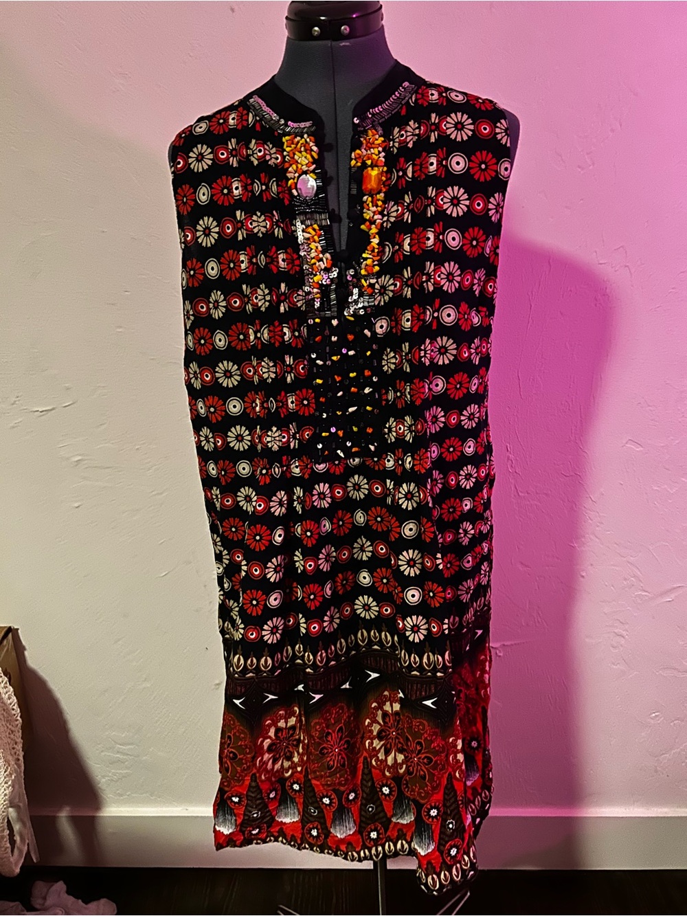 Boho Floral Sleeveless Black and Red Midi Dress